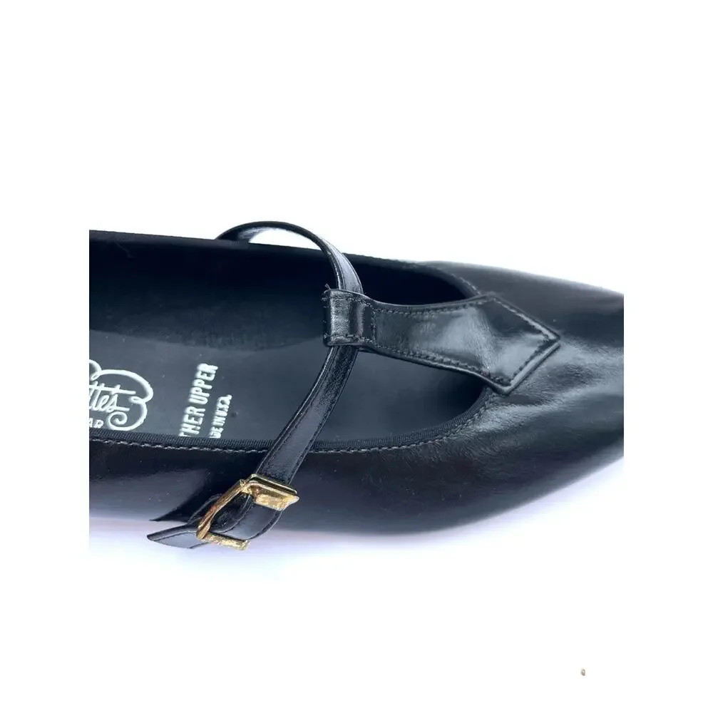 Vintage Black Leather Mary Jane Flats with Gold Buckle Size 8 Barbette's Dance